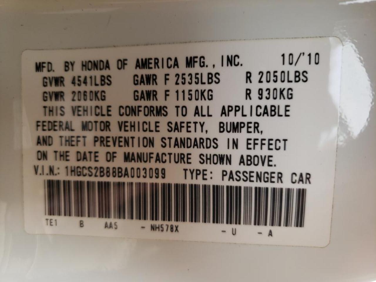 Photo 10 from auction – 2011 HONDA ACCORD EXL with VIN 1HGCS2B88BA003099