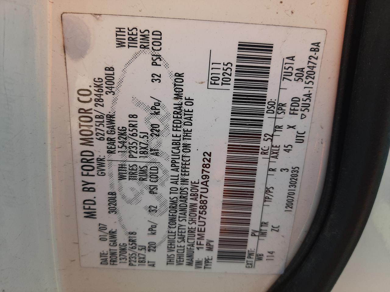 Photo 10 from auction – 2007 FORD EXPLORER L with VIN 1FMEU75887UA97822