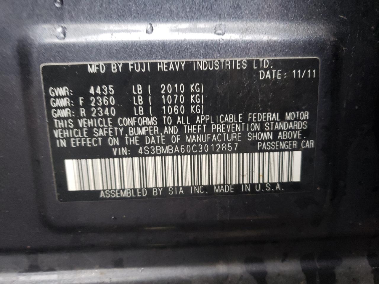 Photo 10 from auction – 2012 SUBARU LEGACY 2.5 with VIN 4S3BMBA60C3012857