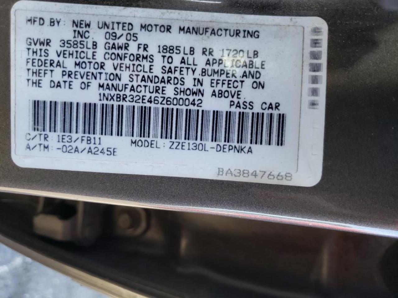 Photo 10 from auction – 2006 TOYOTA COROLLA CE with VIN 1NXBR32E46Z600042