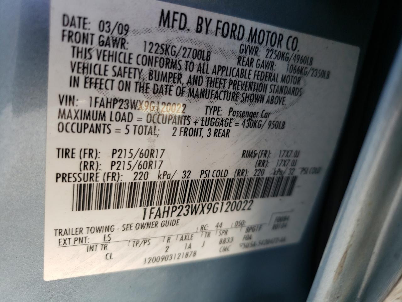 Photo 10 from auction – 2009 FORD TAURUS with VIN 1FAHP23WX9G120022