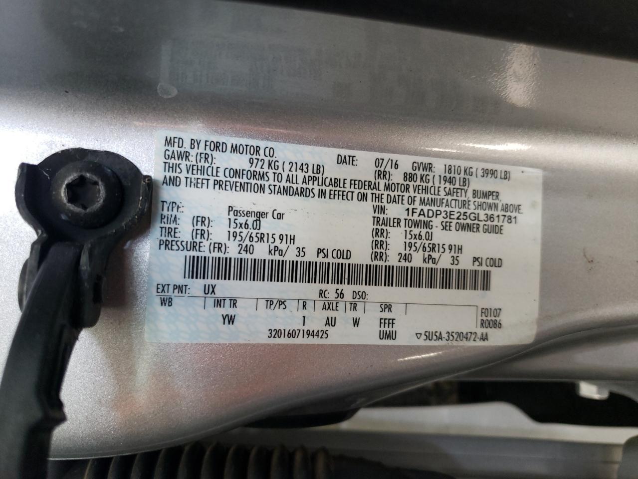 Photo 10 from auction – 2016 FORD FOCUS S with VIN 1FADP3E25GL361781