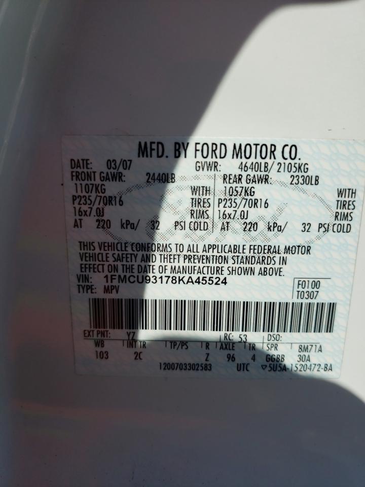 Photo 10 from auction – 2008 FORD ESCAPE XLT with VIN 1FMCU93178KA45524