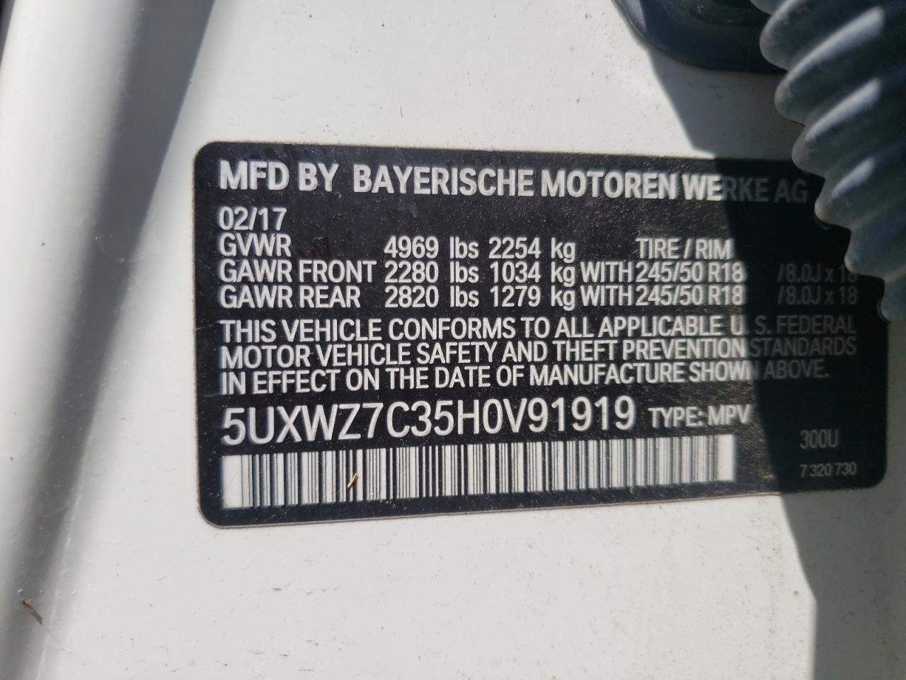 Photo 10 from auction – 2017 BMW X3 with VIN 5UXWZ7C35H0V91919