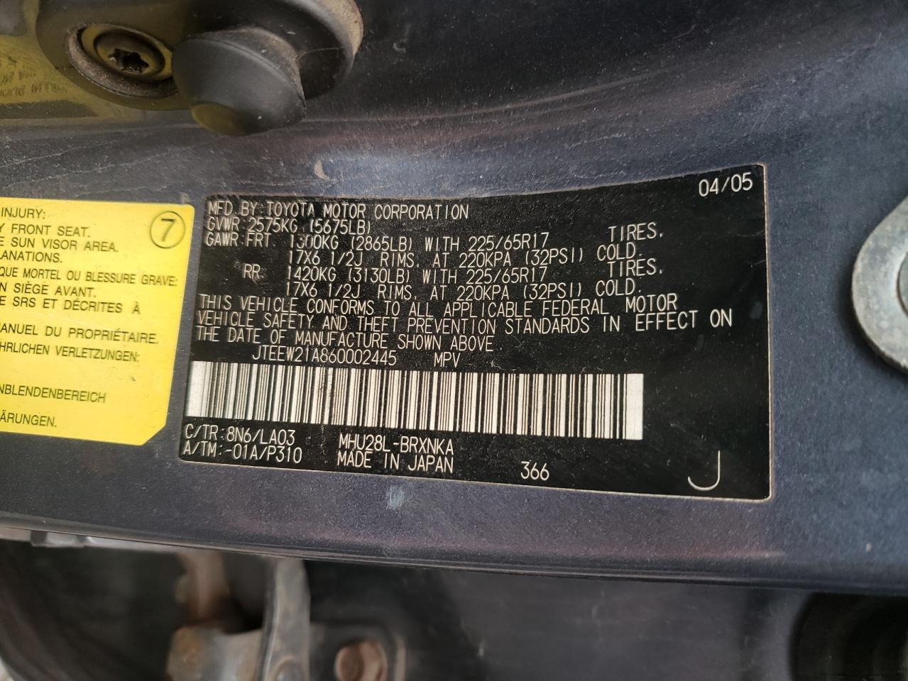 Photo 10 from auction – 2006 TOYOTA HIGHLANDER with VIN JTEEW21A860002445