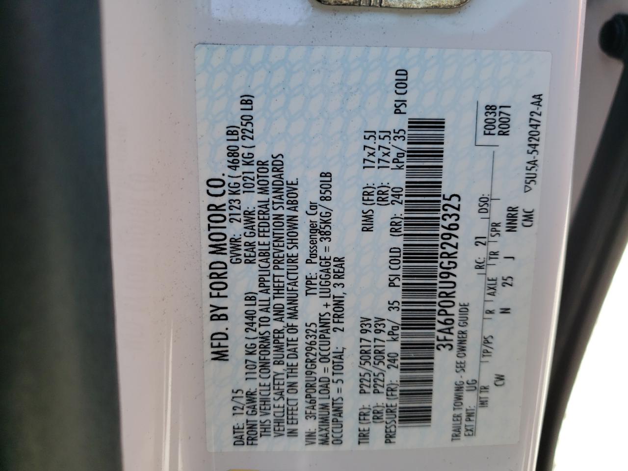 Photo 10 from auction – 2016 FORD FUSION TIT with VIN 3FA6P0RU9GR296325