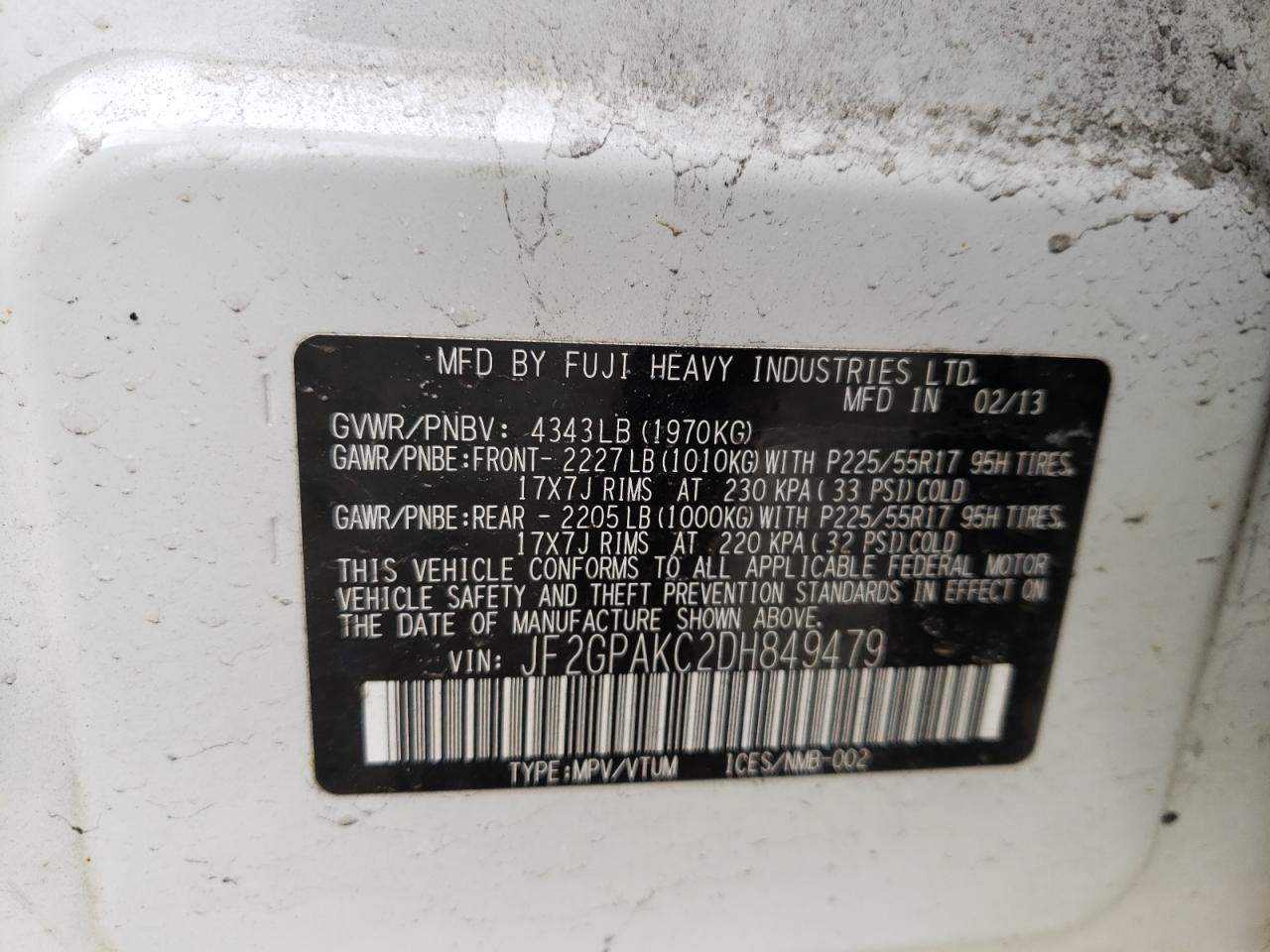 Photo 10 from auction – 2013 SUBARU XV CROSSTR with VIN JF2GPAKC2DH849479