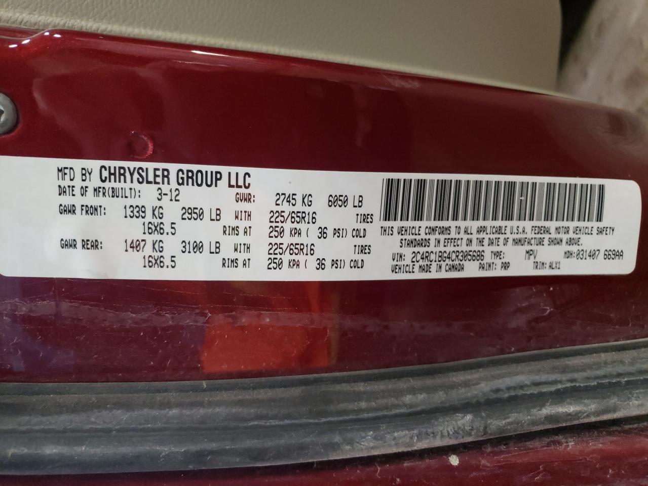 Photo 10 from auction – 2012 CHRYSLER TOWN & COU with VIN 2C4RC1BG4CR305686