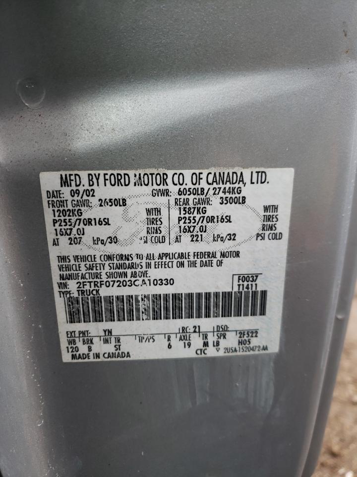 Photo 10 from auction – 2003 FORD F150 with VIN 2FTRF07203CA10330
