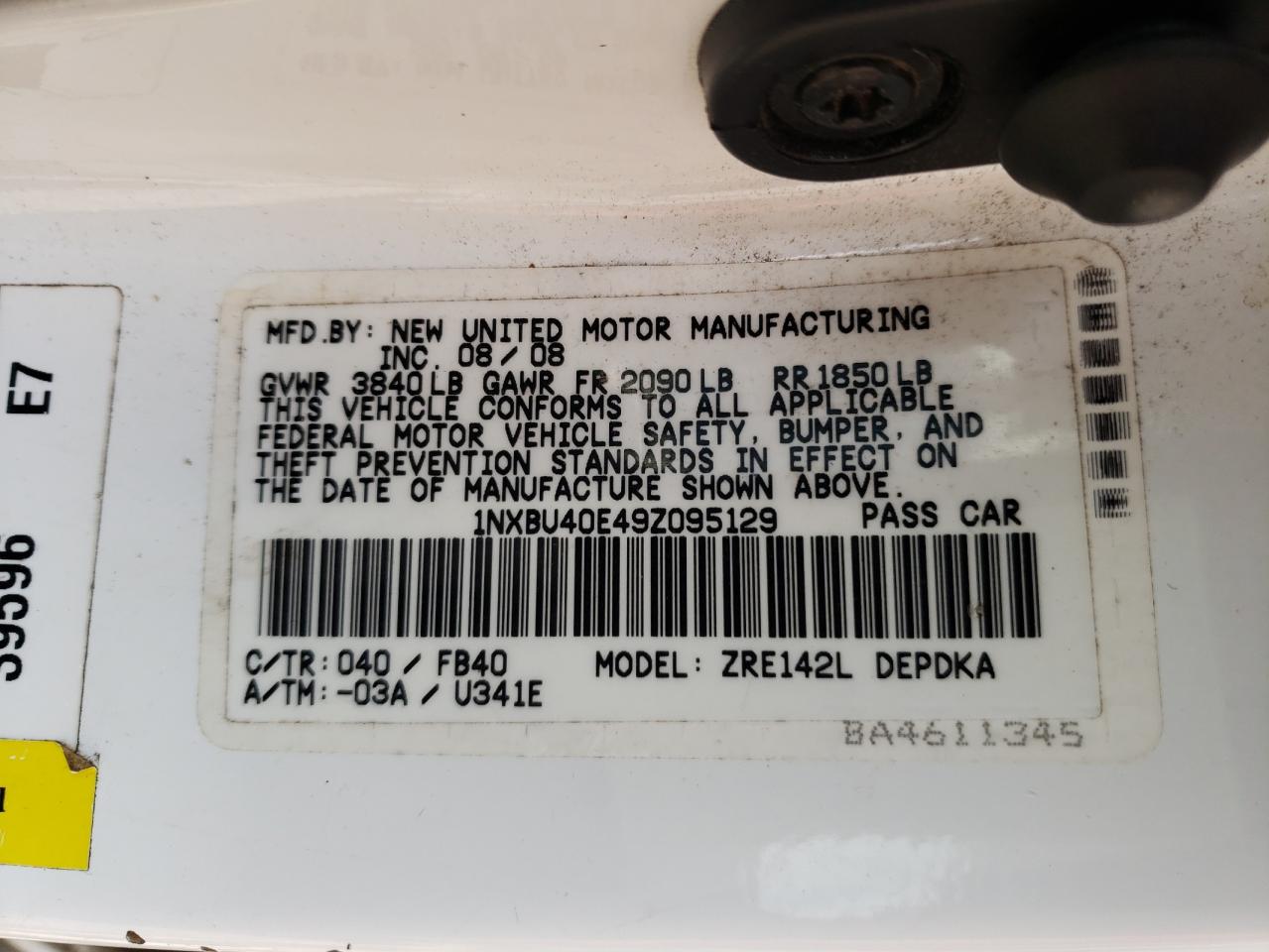 Photo 10 from auction – 2009 TOYOTA COROLLA BA with VIN 1NXBU40E49Z095129