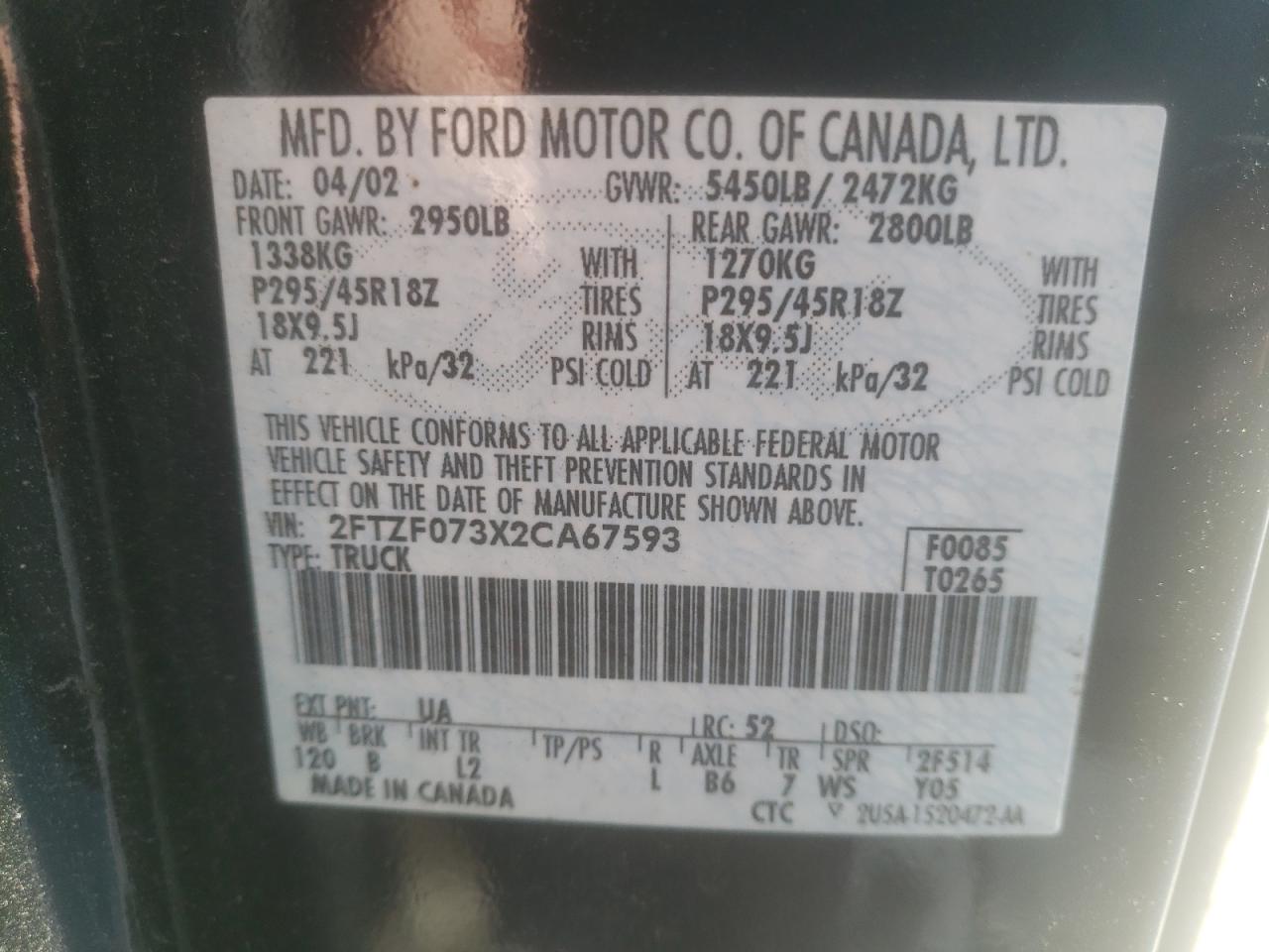 Photo 10 from auction – 2002 FORD F150 SVT L with VIN 2FTZF073X2CA67593