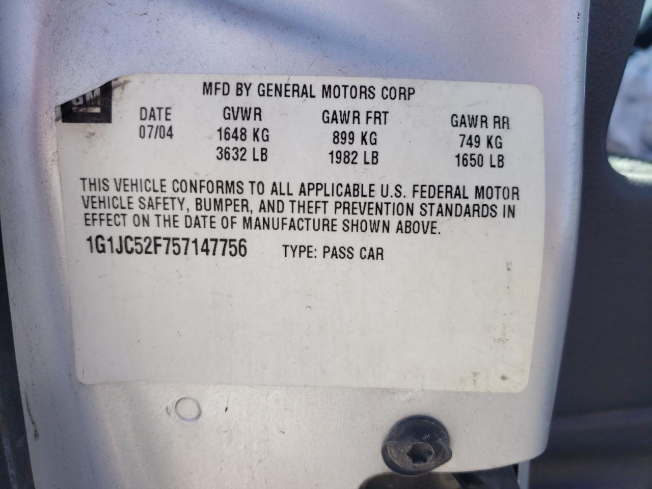 Photo 10 from auction – 2005 CHEVROLET CAVALIER with VIN 1G1JC52F757147756