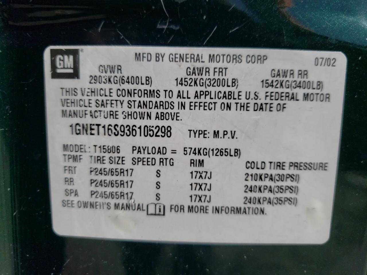 Photo 10 from auction – 2003 CHEVROLET TRAILBLAZE with VIN 1GNET16S936105298