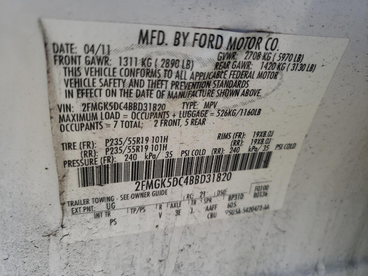 Photo 10 from auction – 2011 FORD FLEX LIMIT with VIN 2FMGK5DC4BBD31820