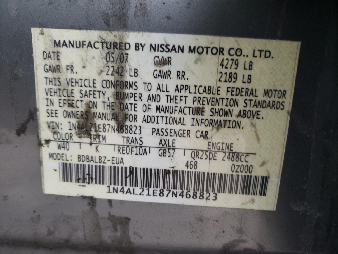 Photo 10 from auction – 2007 NISSAN ALTIMA 2.5 with VIN 1N4AL21E87N468823