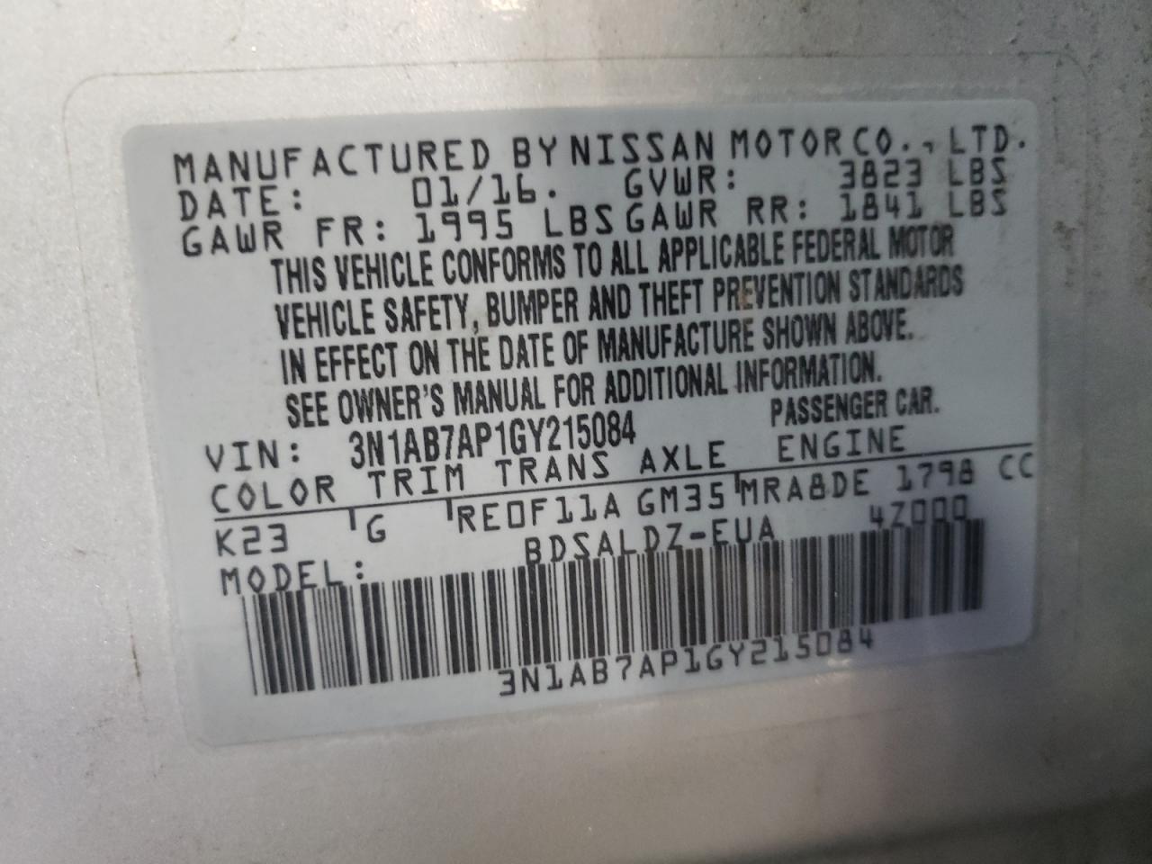 Photo 10 from auction – 2016 NISSAN SENTRA S with VIN 3N1AB7AP1GY215084