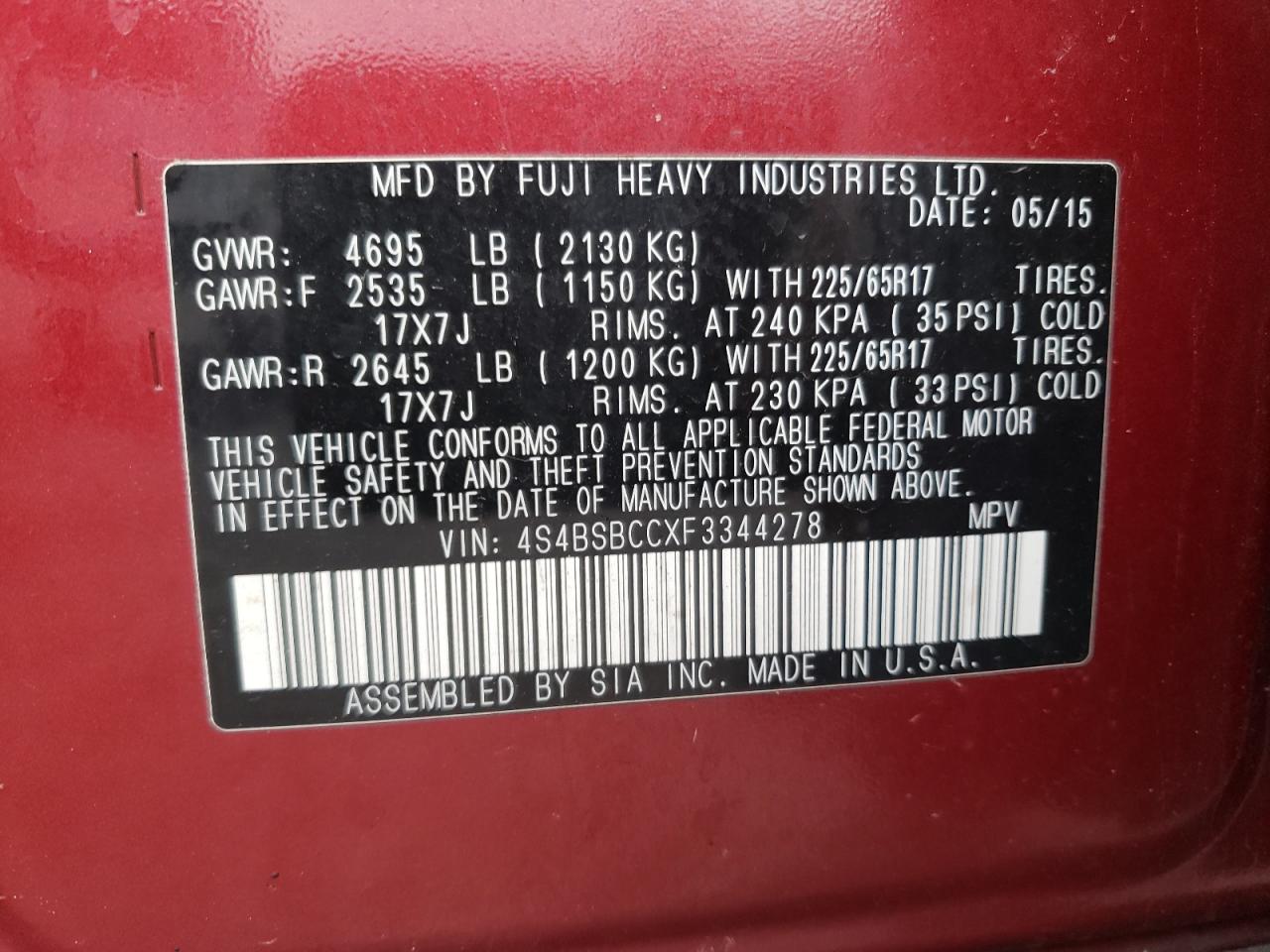 Photo 10 from auction – 2015 SUBARU OUTBACK 2. with VIN 4S4BSBCCXF3344278