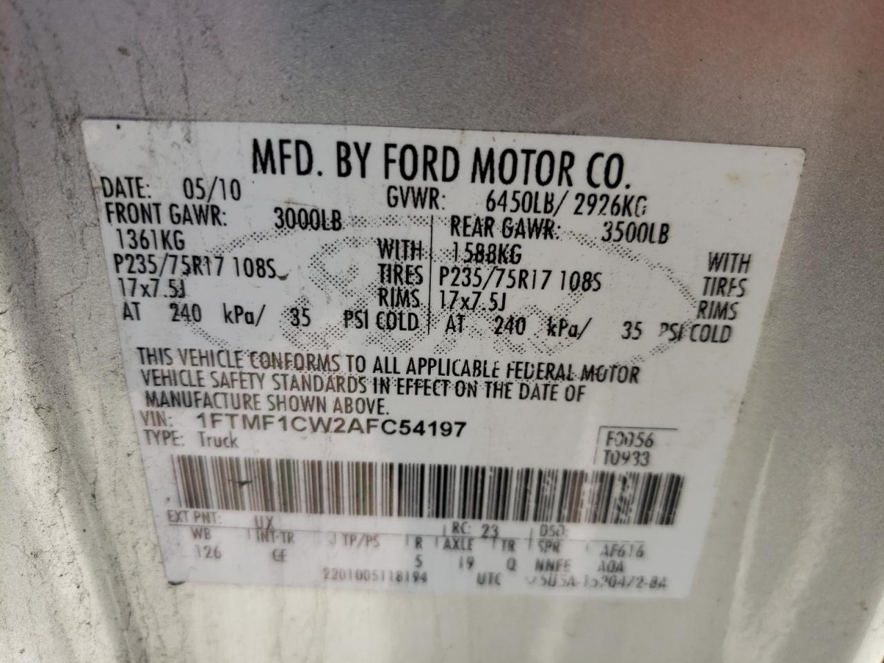 Photo 10 from auction – 2010 FORD F150 with VIN 1FTMF1CW2AFC54197