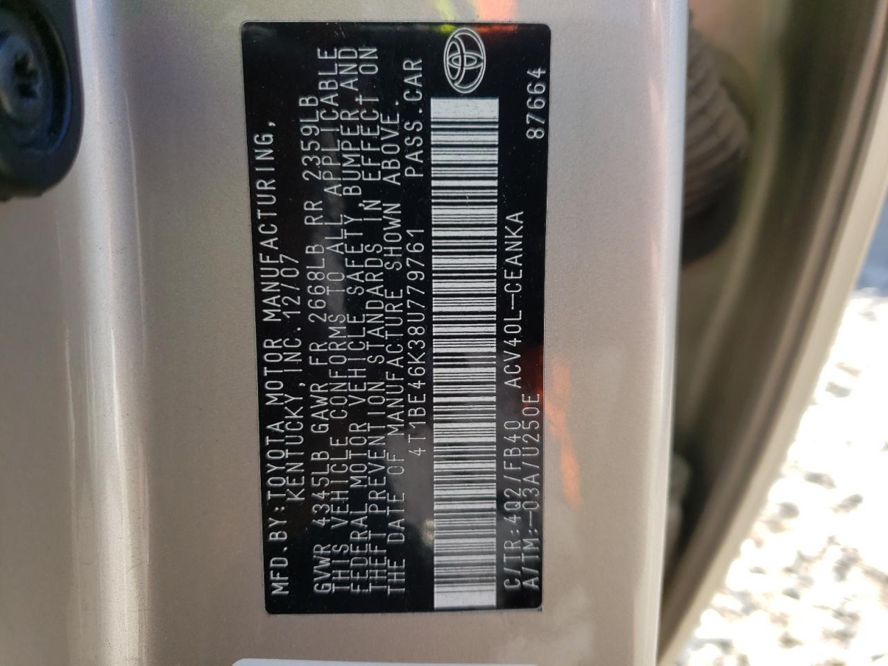 Photo 10 from auction – 2008 TOYOTA CAMRY CE with VIN 4T1BE46K38U779761