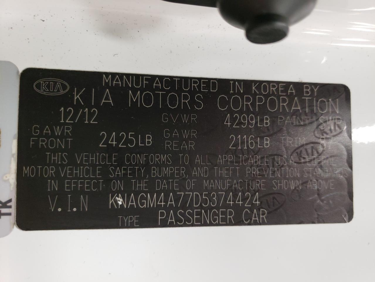 Фото 10 с аукциона – 2013 KIA OPTIMA LX с VIN KNAGM4A77D5374424
