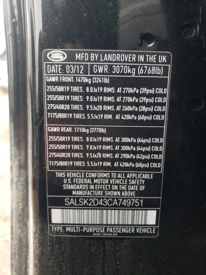 Photo 10 from auction – 2012 LAND ROVER RANGE ROVE with VIN SALSK2D43CA749751