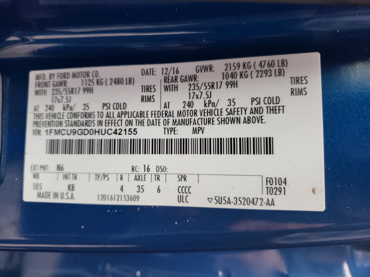 Photo 10 from auction – 2017 FORD ESCAPE SE with VIN 1FMCU9GD0HUC42155