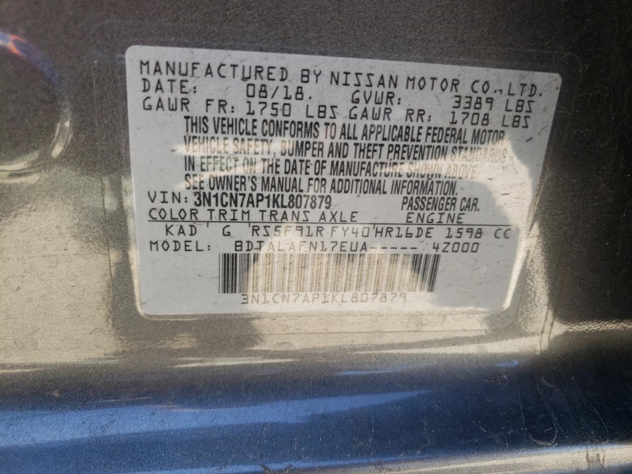 Photo 10 from auction – 2019 NISSAN VERSA S with VIN 3N1CN7AP1KL807879