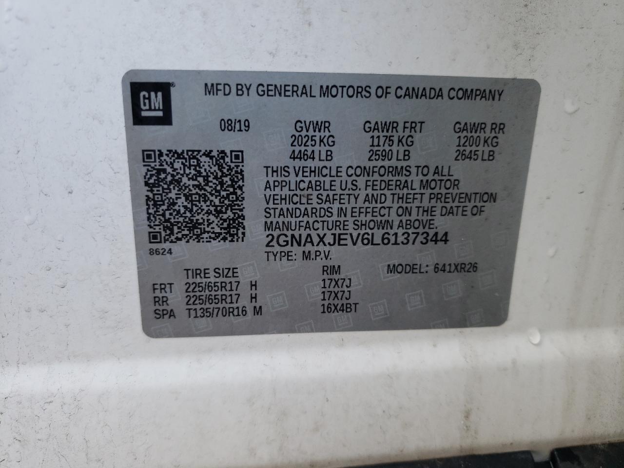 Photo 10 from auction – 2020 CHEVROLET EQUINOX LT with VIN 2GNAXJEV6L6137344