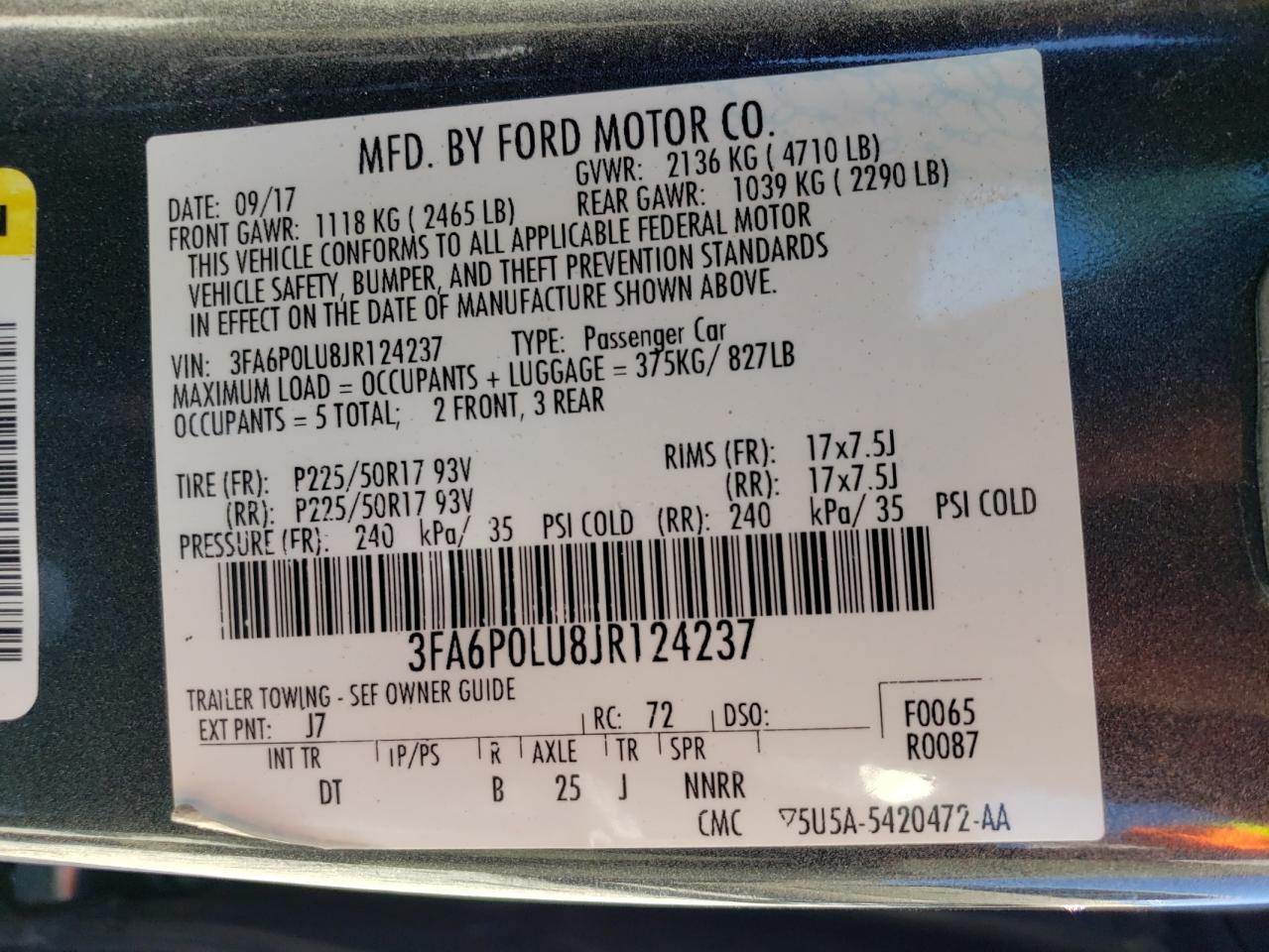 Photo 10 from auction – 2018 FORD FUSION SE with VIN 3FA6P0LU8JR124237