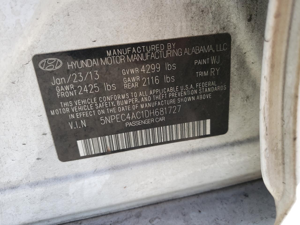 Photo 10 from auction – 2013 HYUNDAI SONATA SE with VIN 5NPEC4AC1DH681727