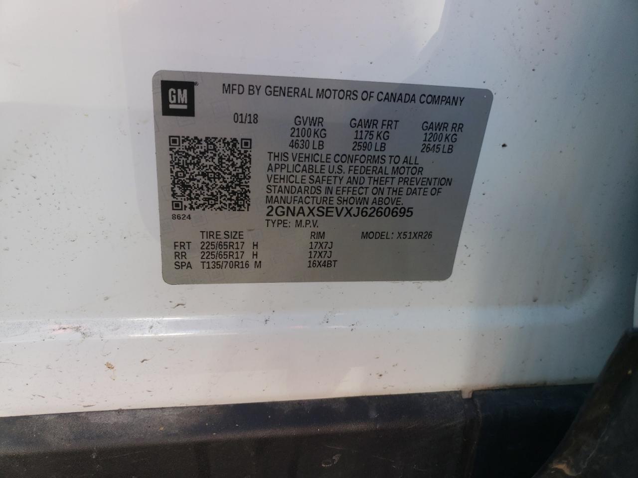 Photo 10 from auction – 2018 CHEVROLET EQUINOX LT with VIN 2GNAXSEVXJ6260695