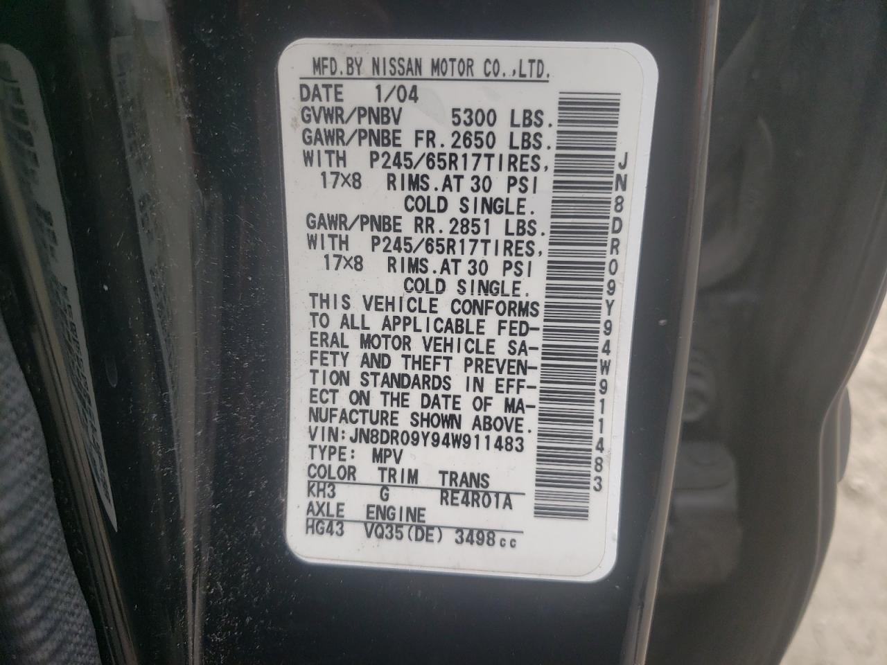 Photo 10 from auction – 2004 NISSAN PATHFINDER with VIN JN8DR09Y94W911483