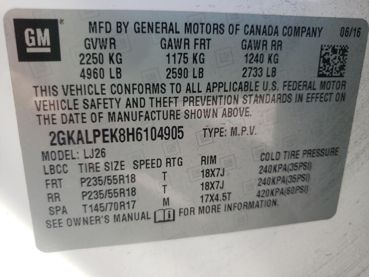 Photo 10 from auction – 2017 GMC TERRAIN SL with VIN 2GKALPEK8H6104905
