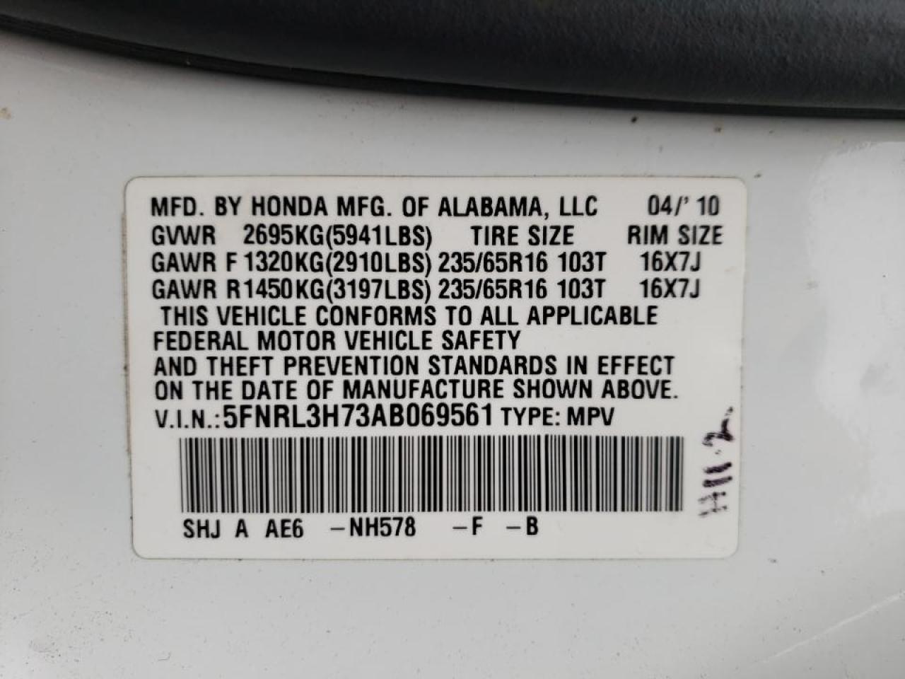 Photo 10 from auction – 2010 HONDA ODYSSEY EX with VIN 5FNRL3H73AB069561