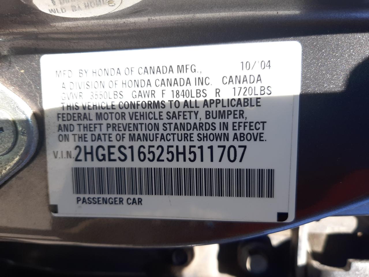 Photo 10 from auction – 2005 HONDA CIVIC LX with VIN 2HGES16525H511707