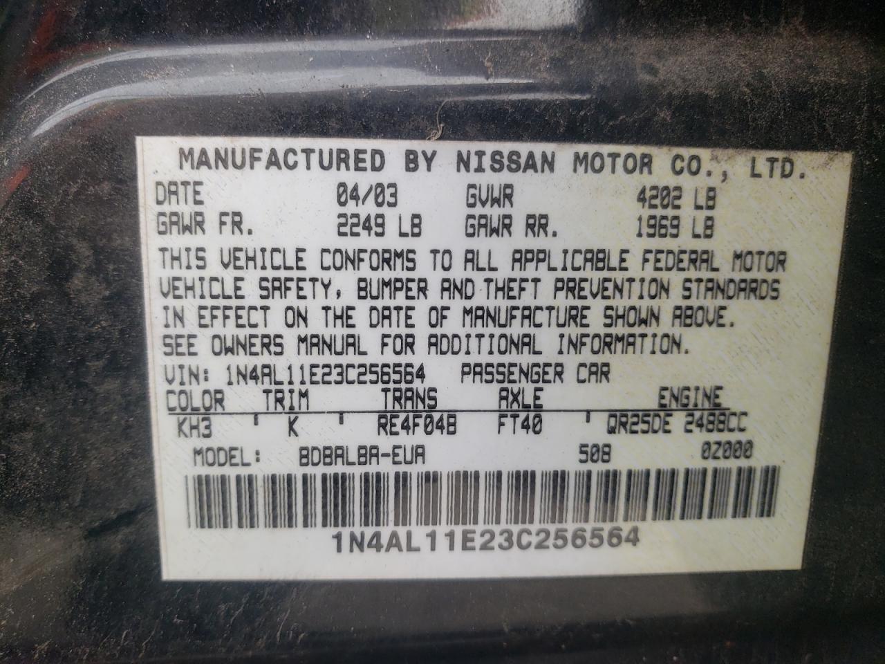 Photo 10 from auction – 2003 NISSAN ALTIMA BAS with VIN 1N4AL11E23C256564