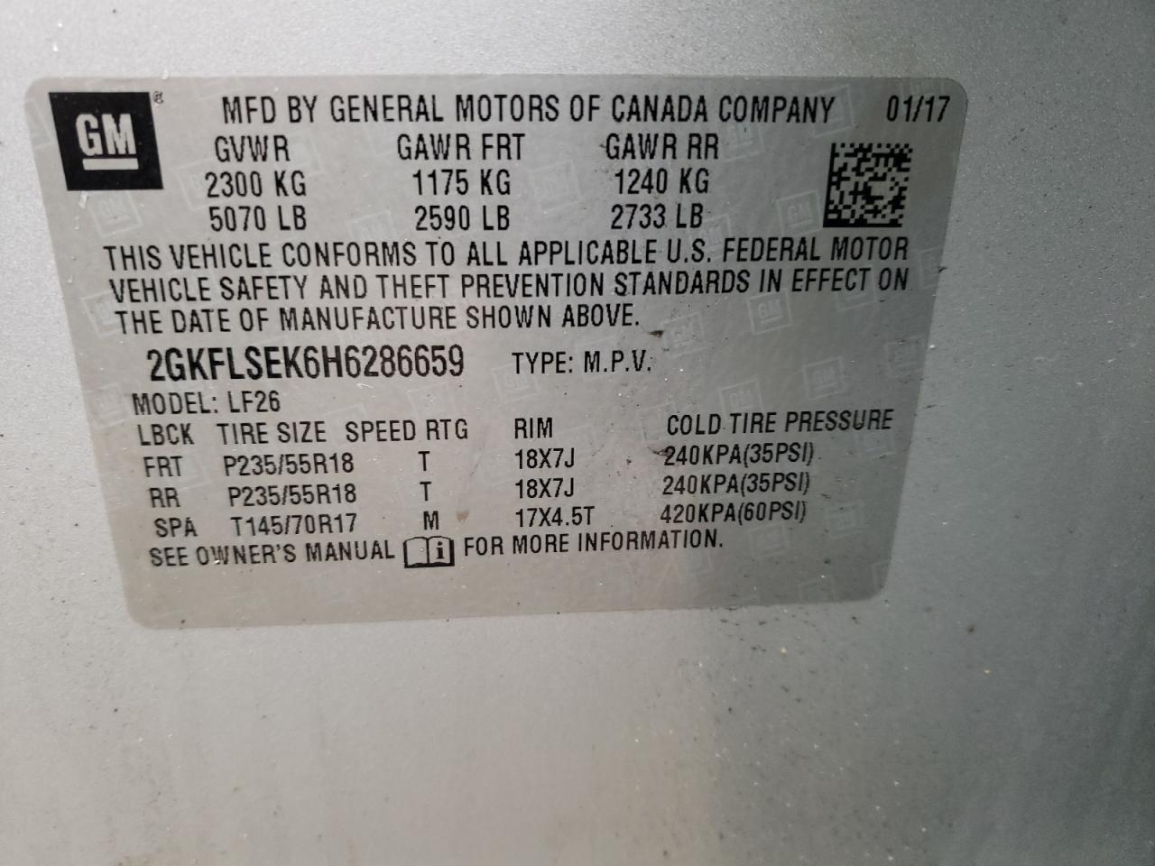 Photo 10 from auction – 2017 GMC TERRAIN SL with VIN 2GKFLSEK6H6286659