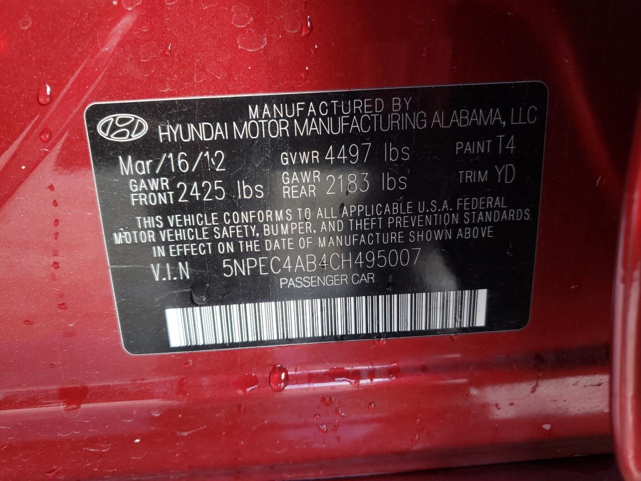 Photo 10 from auction – 2012 HYUNDAI SONATA SE with VIN 5NPEC4AB4CH495007