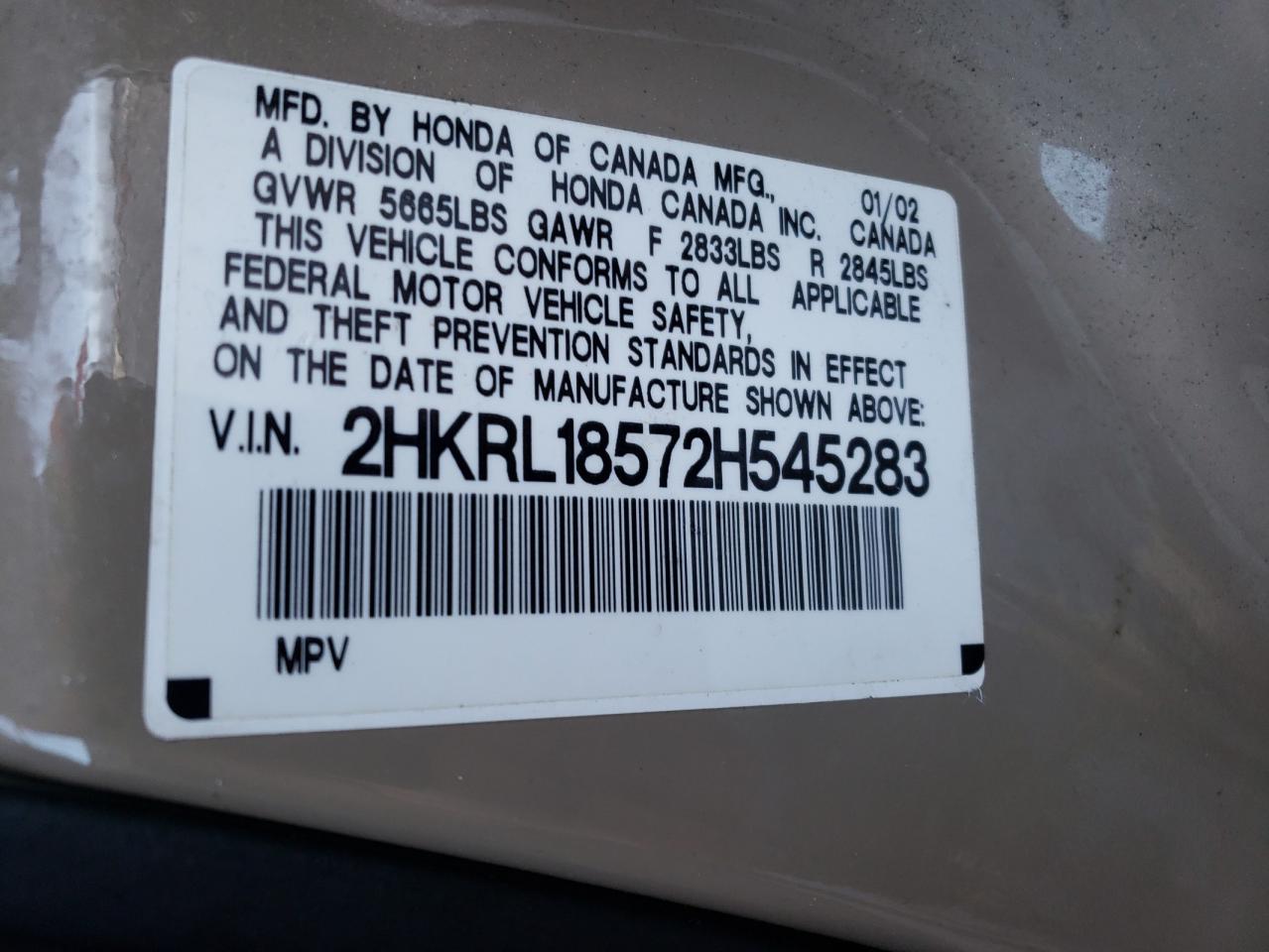 Photo 10 from auction – 2002 HONDA ODYSSEY with VIN 2HKRL18572H545283