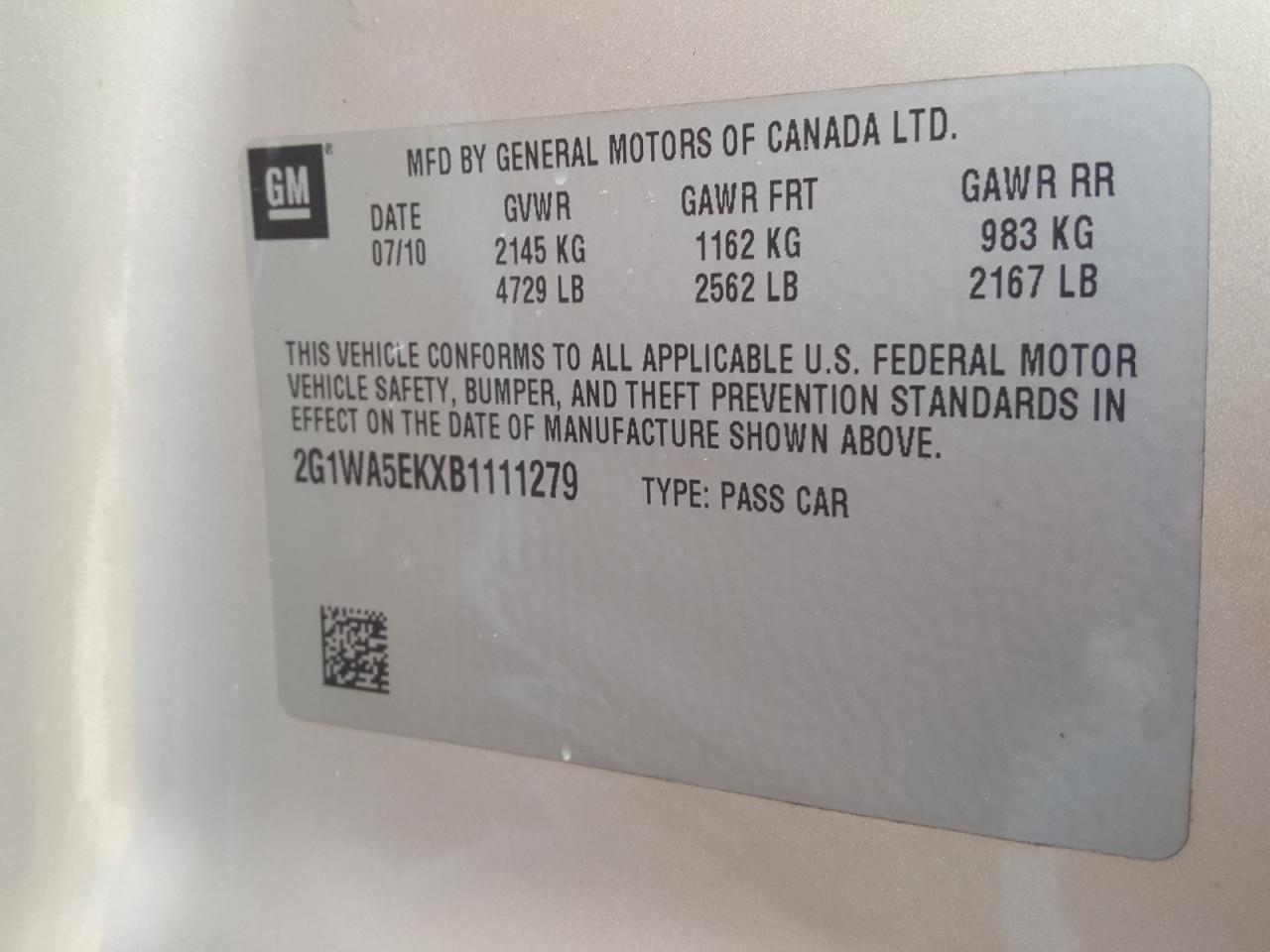 Photo 10 from auction – 2011 CHEVROLET IMPALA LS with VIN 2G1WA5EKXB1111279