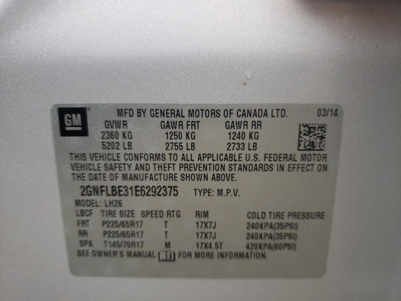 Photo 10 from auction – 2014 CHEVROLET EQUINOX LT with VIN 2GNFLBE31E6292375