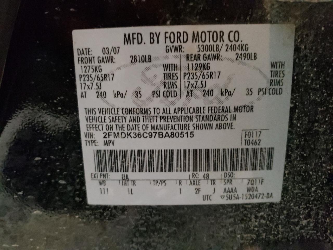 Photo 10 from auction – 2007 FORD EDGE SE with VIN 2FMDK36C97BA80515