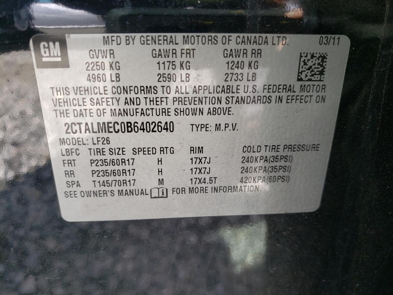 Photo 10 from auction – 2011 GMC TERRAIN SL with VIN 2CTALMEC0B6402640