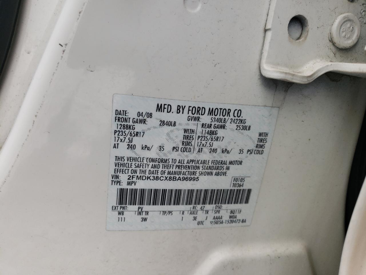 Photo 10 from auction – 2008 FORD EDGE SEL with VIN 2FMDK38CX8BA96995
