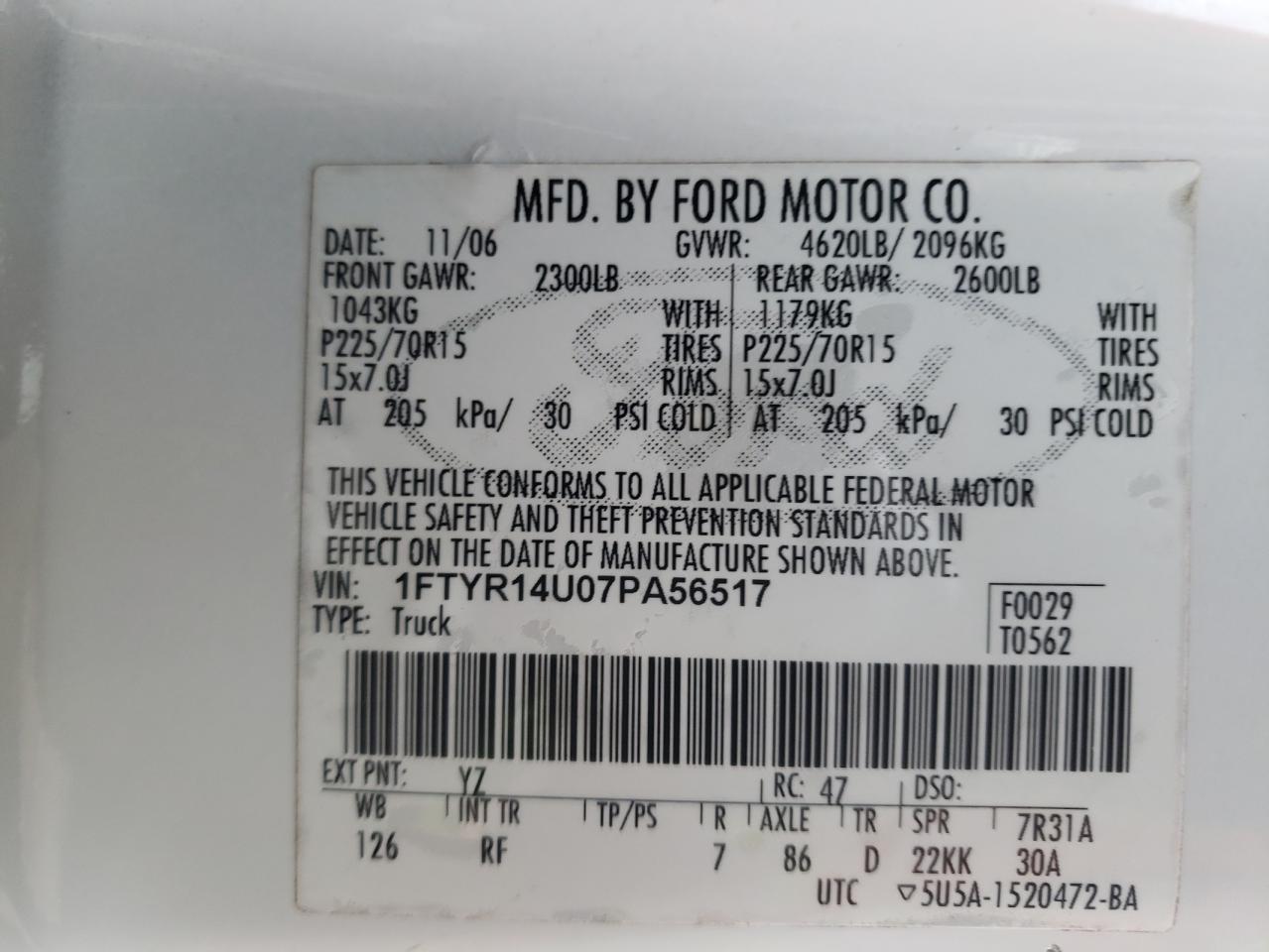 Photo 10 from auction – 2007 FORD RANGER SUP with VIN 1FTYR14U07PA56517