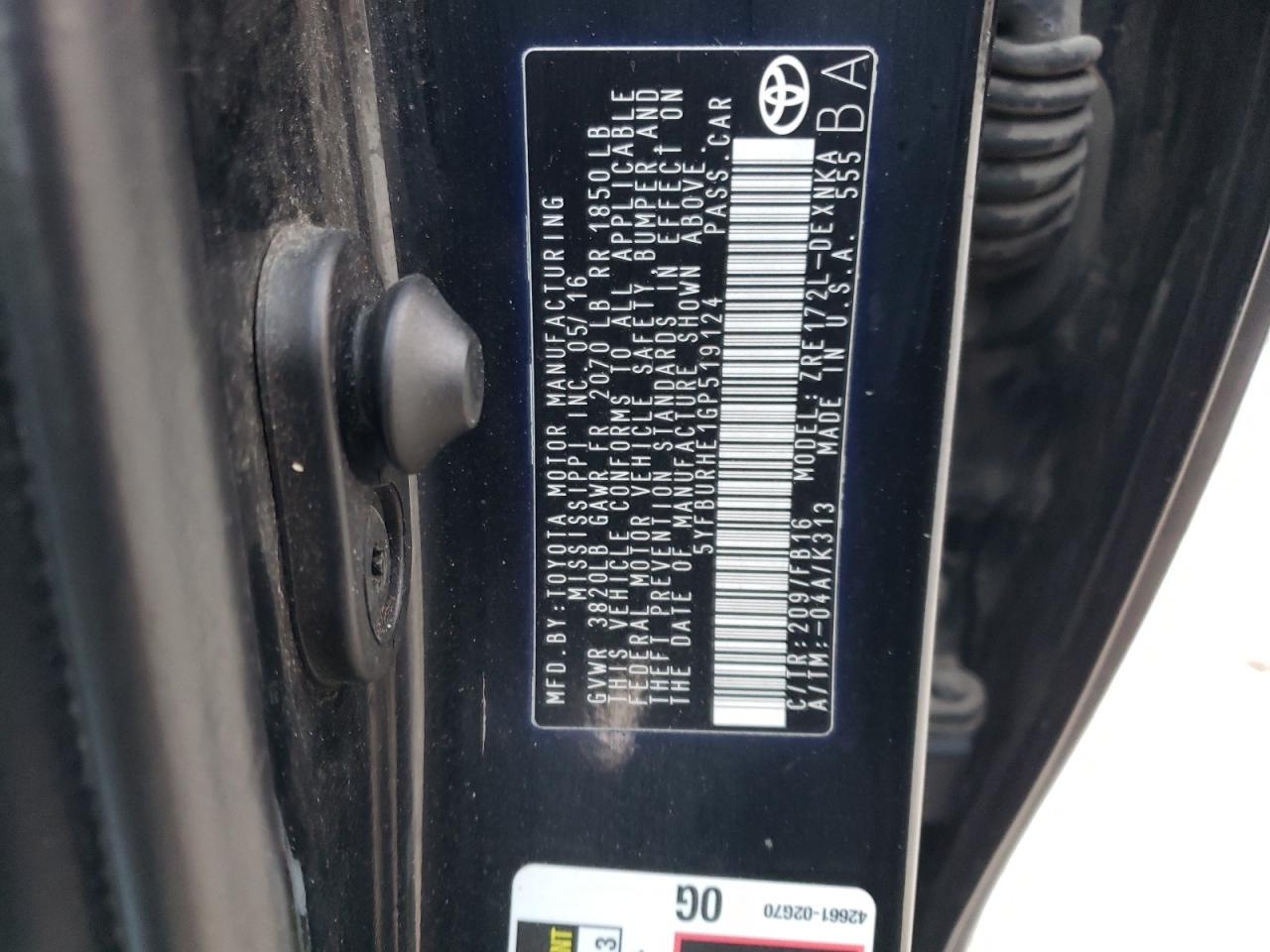 Photo 10 from auction – 2016 TOYOTA COROLLA L with VIN 5YFBURHE1GP519124
