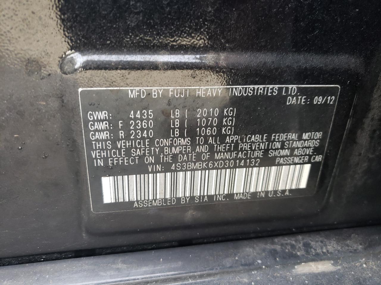 Photo 10 from auction – 2013 SUBARU LEGACY 2.5 with VIN 4S3BMBK6XD3014132