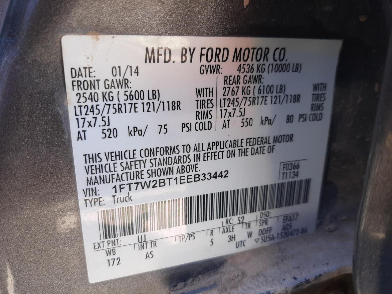 Photo 10 from auction – 2014 FORD F250 SUPER with VIN 1FT7W2BT1EEB33442