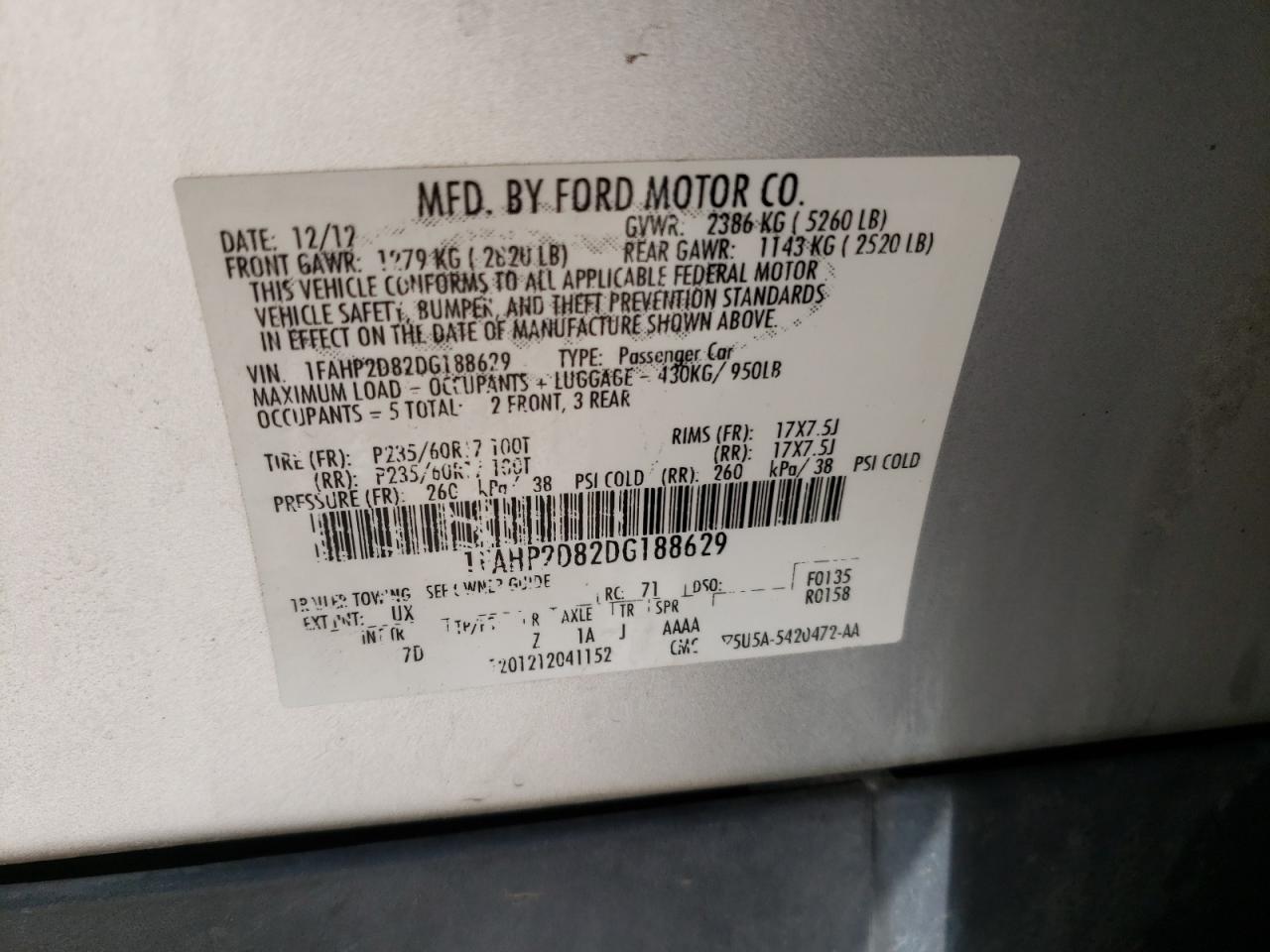 Photo 10 from auction – 2013 FORD TAURUS SE with VIN 1FAHP2D82DG188629