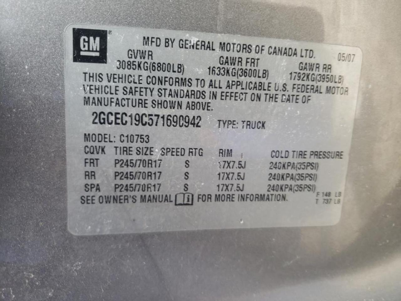Photo 10 from auction – 2007 CHEVROLET SILVERADO with VIN 2GCEC19C571690942